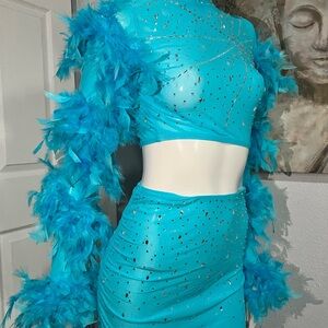 Turquoise Feathered Crop Top and Skirt Set